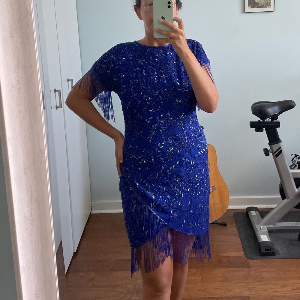 Vintage 100% silk beaded sequin Elegant Blue Fringe mini Dress